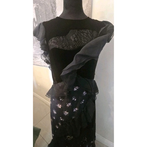 Rebecca‎ Taylor Midi Dress Black Ruffle Jacquard Velvet Floral SZ 10 Retail $730 - Picture 12 of 15